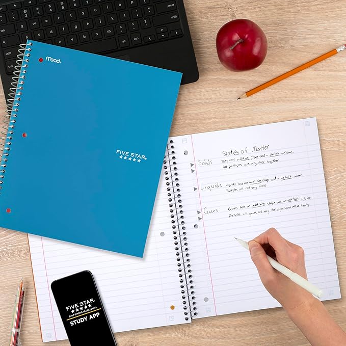 Five Star Spiral Notebook + Study App, 4 Pack, 1 Subject, Wide Ruled Paper, 8" x 10-1/2", 100 Sheets, Fights Ink Bleed, Water Resistant Cover, Purple, Pink, Gray and Blue (930105-ECM)