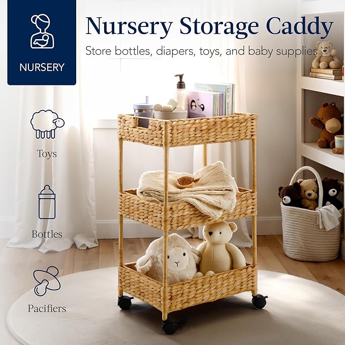 Best Choice Products 3-Tier Water Hyacinth Rolling Nursery Caddy w/Wheels, Utility Cart, Storage Organization for Bathroom, Craft Room, Laundry Room– Natural
