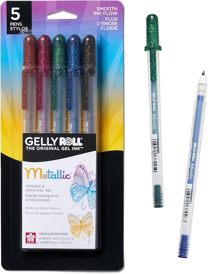 SAKURA 57375 5-Piece Gelly Roll Blister Card Assorted Colors Dark Metallic Gel Ink Pen Set