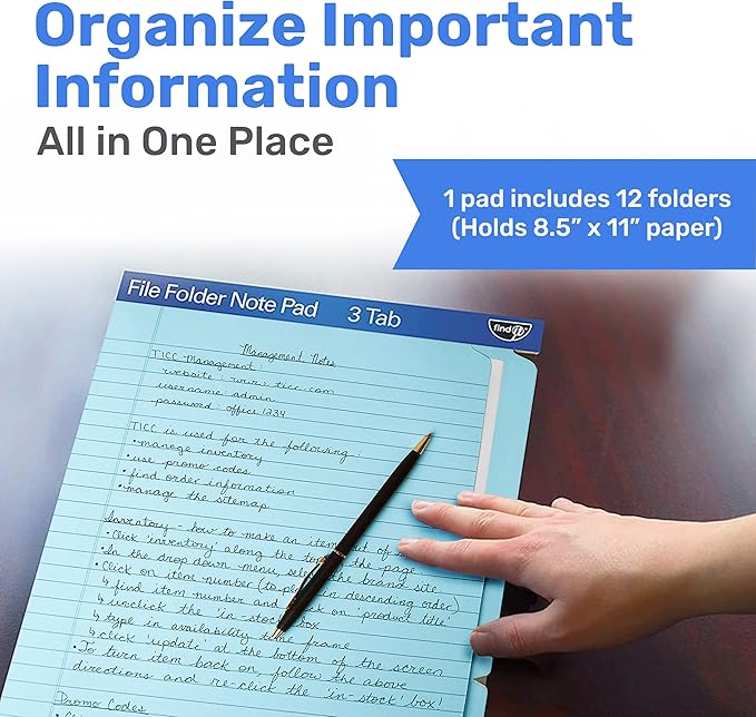 Find It File Folder Notepad - Pack of 12-9.5 x 12.5 Inch Notebook Organizer Folders for Filing, Document, and Clipboard Organization - Blue