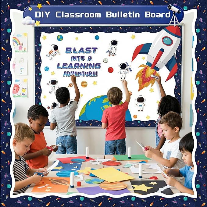 Outer Space Bulletin Board Decorations Set, 118 Pcs Classroom Decor Astronaut Planet Cutouts Kids with Galaxy Borders Space Themed Back to School Decorations for Classroom Chalkboard Decoration