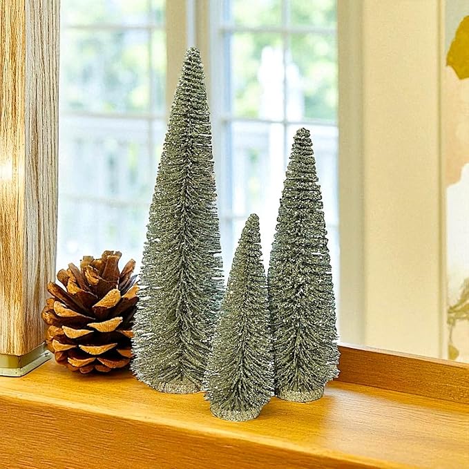 RAZ Imports Set of 3 Bottle Brush Trees – 17”, 14”, 9” Modern Christmas Holiday Winter Décor – Glittery Tabletop Mini Trees for Home Office Shelf Desk Mantel Fireplace Decoration (Champagne Green)