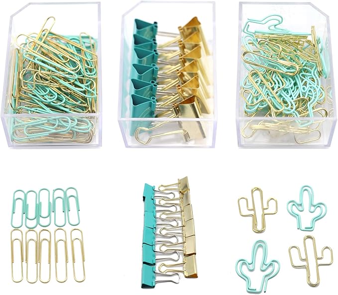 Gold Blue Binder Clips and Paper Clips Set (3-in-1 Boxed), for Office School Supplies Teachers Classroom Daily use