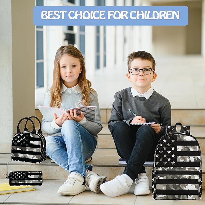 Flag 3PCS Backpack Set for Teens Elementary Middle High School, 17 Inch Lightweight Classic Bookpack 3 in 1 Set for Girls Boys, Kids Back to School Backpack with Lunch Box Pencil Case