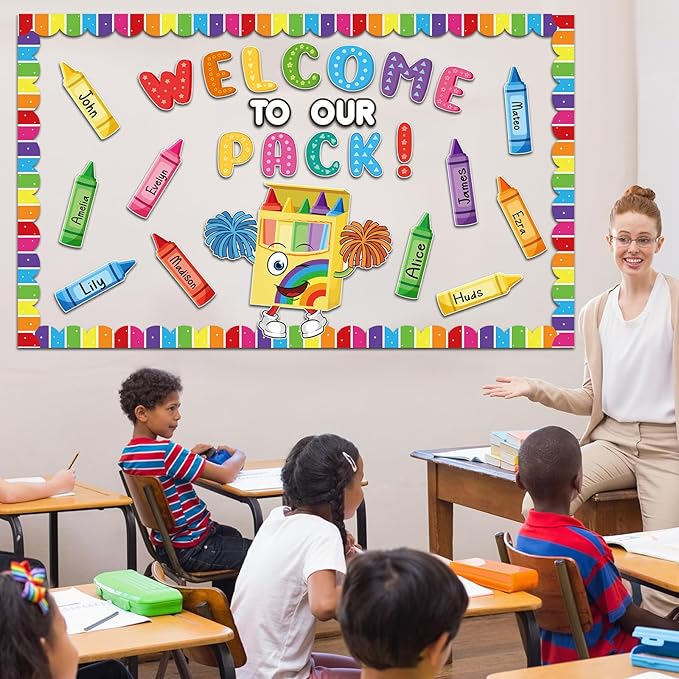 Pasimy Crayon Bulletin Board Decorations Set Welcome to Our Pack Classroom Decor Colorful Crayon Name Tags Cutouts Art Bulletin Board Border for Back to School Summer Office Home Wall Door Supplies