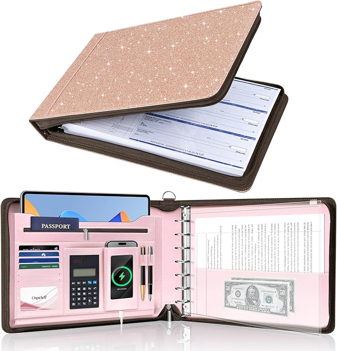 Ospelelf Rose Gold Zippered 7 Ring Check Binder for Business Checks (9" x 13"), 1 Inch Faux Leather Checkbook Portfolio with Zipper Pouch, Professional Binder Organizer for Accountants, Home Use