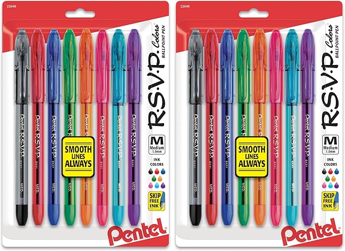 Pentel RSVP Ballpoint Pen,(1.0mm),Medium Line,Assorted Ink (BK91CRBP8M),(Pack of 16)