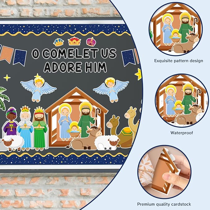 Christmas Bulletin Board Decorations - Nativity Scene Religious Classroom Decorations Set Xmas Jesus Christian Paper Cutouts Bulletin Board Decor School Chalkboard Office Wall Decor Supplies