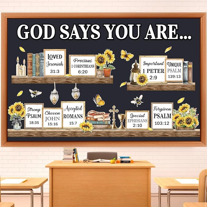 Qilery Sunflower Faith Bulletin Board Decorations Set, Cardstock Religious Wall Cutouts, Bulletin Board Borders & Letters, Christian Office Inspirational & Church Classroom Decor Kit, Adhesive Dots