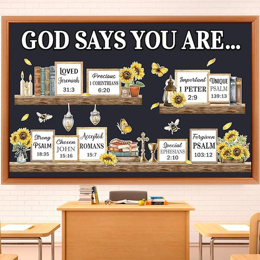 Qilery Sunflower Faith Bulletin Board Decorations Set, Cardstock Religious Wall Cutouts, Bulletin Board Borders & Letters, Christian Office Inspirational & Church Classroom Decor Kit, Adhesive Dots