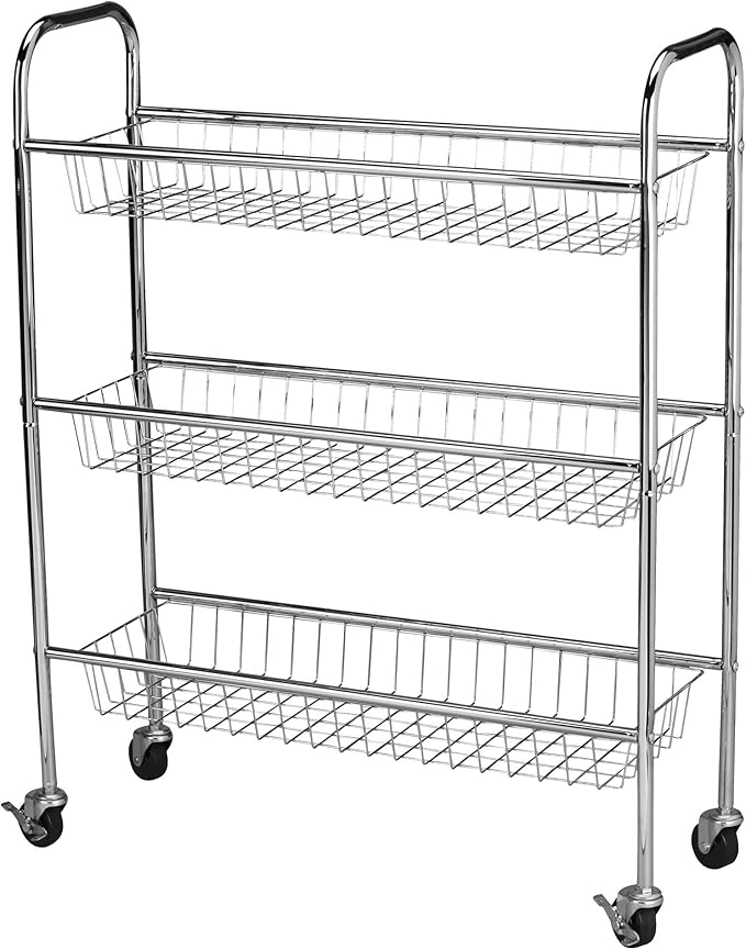 Household Essentials 3-Tier Slim Storage Cart, Heavy-Duty Steel Frame, Smooth Casters with Locks, Chrome-Like Powder Coat Finish, Arched Handles, Easy to Assemble, Modern, Compact, Silver