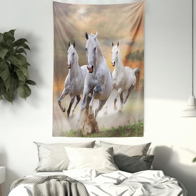 Ambesonne Horses Tapestry, Stallion Horses Running on a Mystic Sky Background Male Champions Print, Wall Hanging for Bedroom Living Room Dorm Decor, 40" X 60", White Orange