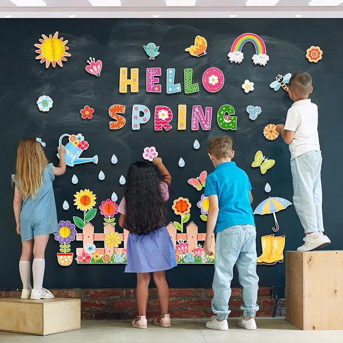 Konsait Spring Bulletin Board Decorations, 59Pcs Raindrop Flower Hello Spring Bulletin Board Decorations Set, Spring Cutouts for Classroom Office Home Wall Blackboard Door Decorations