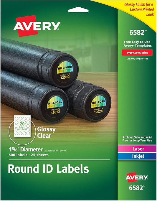 Avery Round ID Labels, Sure Feed, Permanent Adhesive, Glossy Clear, 1-5/8" Dia., 5 Packs (6582)