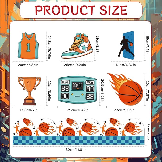 Basketball Bulletin Board Decorations - Sports Classroom Decorations, Basketball Game Paper Cutouts Set for Chalkboard, School Office Wall Background Decor Supplies