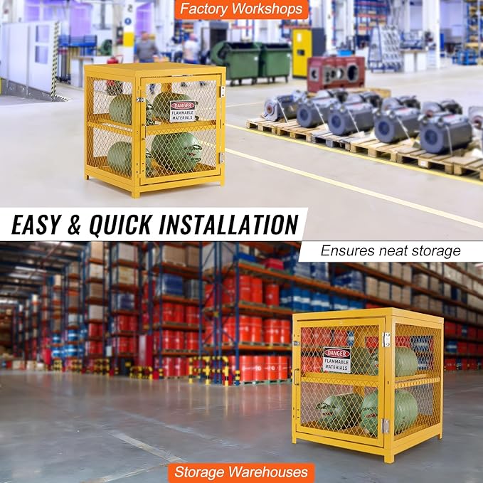 VEVOR Horizontal Cylinder Storage Cabinet, 4 x 33 lbs Cylinder Capacity, 31.02x30.04x35 inch Propane Storage Cage, Gas Cylinder Cabinet, Yellow Powder Coat Finish, for Freon, Gases, Oxygen, Nitrogen