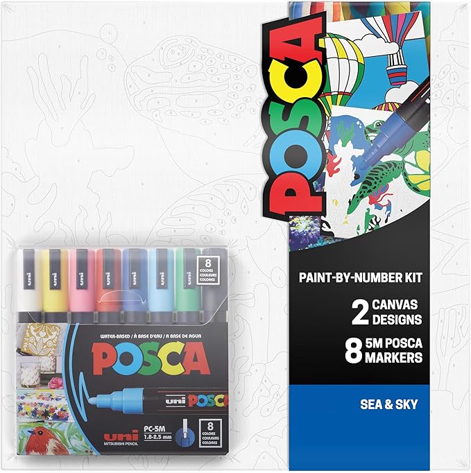 POSCA Canvas Paint by Number Kit, Sea & Sky - 8 Markers with 2 Pre-Drawn Canvases - For All Artists and Holiday Gifting