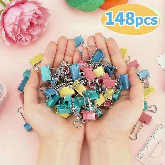 148Pcs Small Binder Clips Assorted Colored, 0.75 in/19mm Mini Binder Paper Clips Office Clips Office Supplies Desk, 3/4 Inch Cute Binder Clips, Small Paper Clamps for Home School Business (Colored)