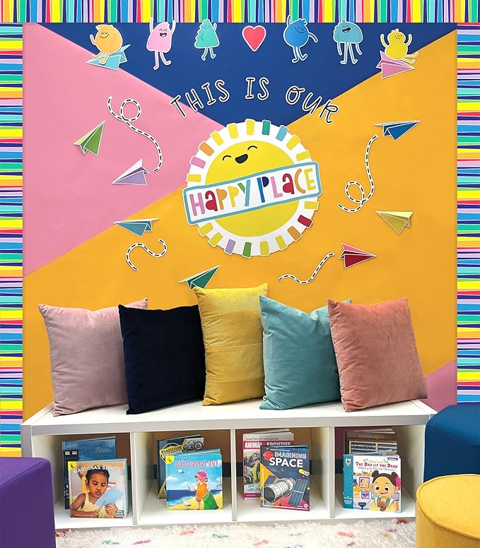 Carson Dellosa This is Our Happy Place Bulletin Board Set, Rainbow Classroom Decorations with Heart and Paper Airplane Bulletin Board Cutouts for Wall Decor, Colorful Classroom Decor (58 pc)