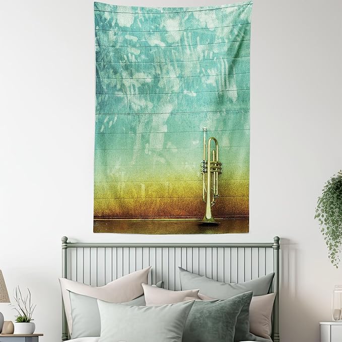 Ambesonne Music Tapestry Queen Size, Old Aged Worn Single Trumpet Stands Alone Against a Faded Wall Jazz Theme Photo, Wall Hanging Bedspread Bed Cover Wall Decor, 88" X 88", Teal Brown