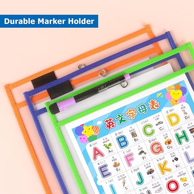Tamaki 8 Pack Dry Erase Pockets Sleeves with Rings, 10 x 14 Inch Ticket Holders Clear Plastic Sheet Protectors for Teacher Classroom Supplies, 8 Assorted Colors