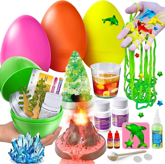 4 Jumbo Easter Basket Stuffer Surprise Eggs, Science Experiments for Kids, Easter Toys Gift Idea for Boys and Girls Educational Party Favor STEM Activities Volcano Crystal Tree
