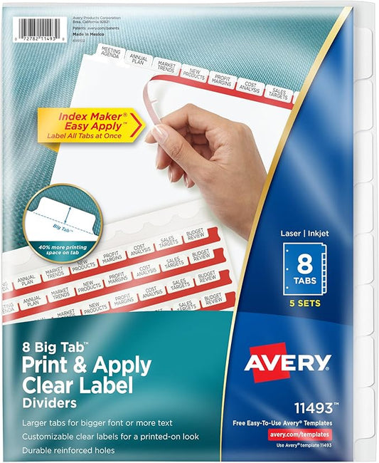 Avery 8 Big Tab Dividers for 3 Ring Binder, Easy Print & Apply Clear Label Strip, Index Maker Customizable White Tabs, 5 Sets (11493)