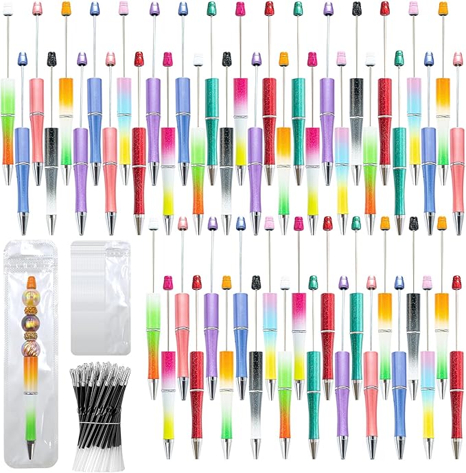 300 Pieces DIY Beadable Pen Kit – 100 Plastic Ballpoint Pens with Refills & Bags – School Supplies, Office Accessories & Decorative Items for Students & Teachers (Gradient)