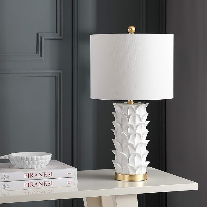 SAFAVIEH Lighting Collection Nico White/ Gold Leaf 25-inch Bedroom Living Room Home Office Desk Nightstand Table Lamp Set of 2 (LED Bulbs Included)