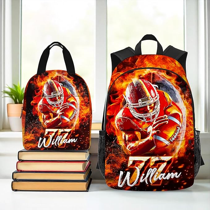 Custom Football School Backpack for Boys Personalized Name Bookbag Kids Backpacks with Lunch Box for Elementary Middle School