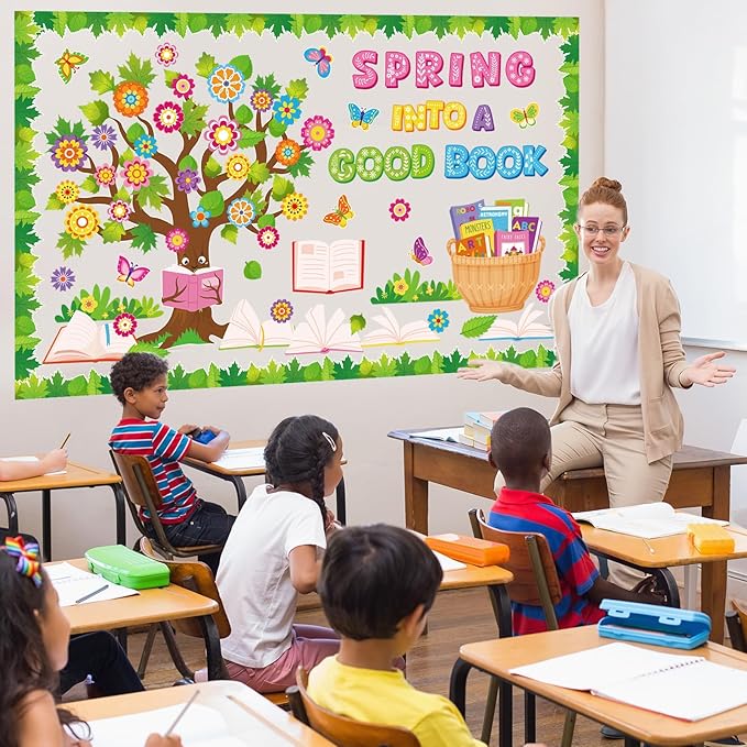 Epakh Spring Flower Reading Tree Bulletin Board Set Spring Into a Good Book Classroom Decorations Butterfly Floral Accent Paper Cutouts for March Library Door Wall Decor Birthday Party Supplies