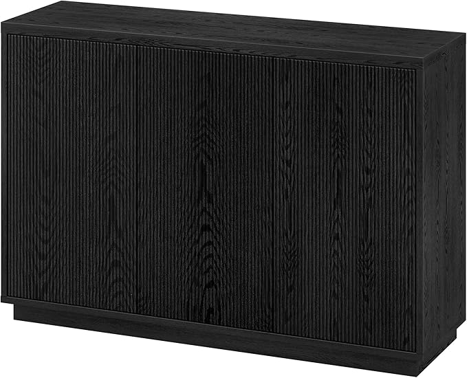 Henn&Hart 48" Fluted Sideboard Buffet Cabinet, Ribbed Wooden Credenza with 3 Doors, Adjustable Shelves, and Cable Management Cut-Outs for Dining Room, Kitchen, Living Room or Entryway, Natural Black