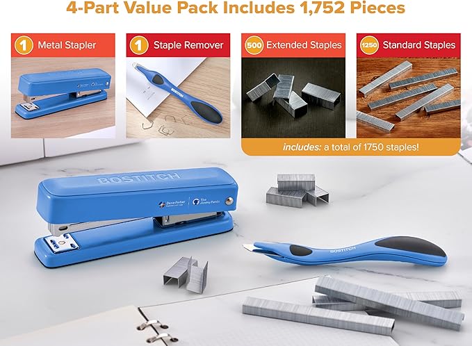 Bostitch Titan Heavy Duty Metal Stapler, 50 Sheet Capacity with 1250 Staples and Ergonomic Staple Remover, Jam Free Stapling, Full Strip Stapler for Desk, Office and Classroom, Blue