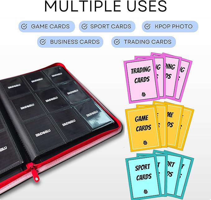 9 Pocket Trading Card Zip Binder - 360 Side Loading Pocket Binder for Colletible Games, Sport, TCG - Trading Card Binder - Gift Card holder for Boys and Girls - Pink card binder