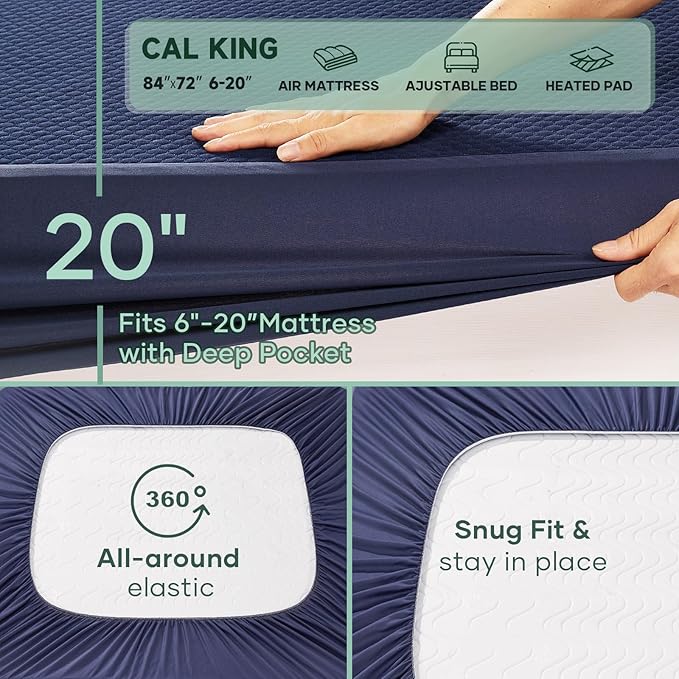 OhGeni 100% Waterproof Mattress Protector, Cal King-Navy Blue Size Mattress Pad, Fits 6"-20" Mattresses with Deep Pocket, Cooling, Breathable Fitted Sheets, Soft Bed Cover, Noiseless, Washable