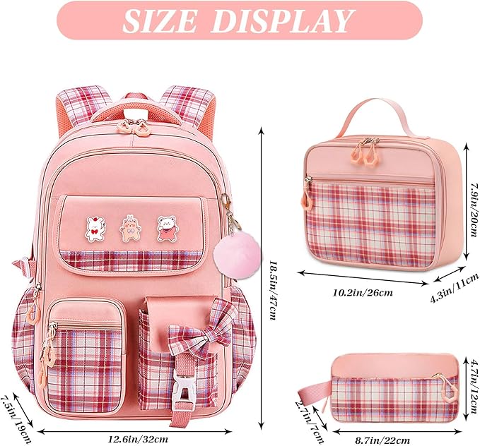 3PCS Girls Backpack Set for School - Cute Kids Bookbag with Lunch Box & Pencil Case, Stylish Backpack Combo for Girls Preschool Elementary Middle High School Students Teens Pink