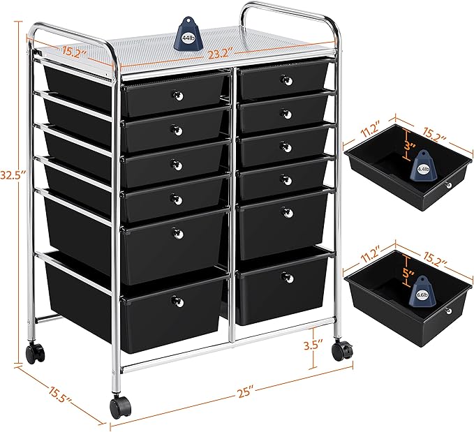 Yaheetech 12 Drawers Rolling Storage Cart Multipurpose Movable Organizer Cart Storage Bin Trolley Tools Scrapbook Paper Organizer on Wheels, Black