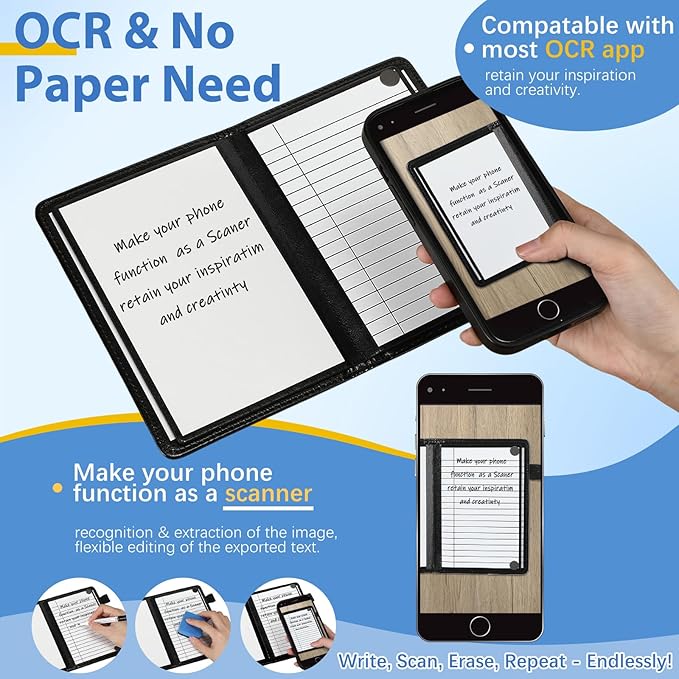 6 Sides Dry Erase Notebook Portable Whiteboards Notebook Small Reusable College Ruled Lined Board Folding Mini Travel Dry Erase White Board for Office Study(Black,A6: 5 x 7 Inches)
