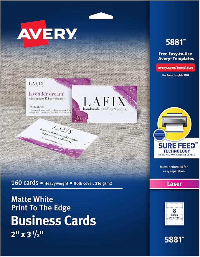 Avery Printable Business Cards with Sure Feed Technology, 2" x 3.5", White, 160 Blank Cards for Laser Printers (05881)