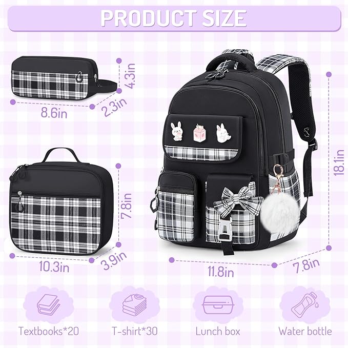 School Backpacks for Girl - 5PCS Cute Girls Backpack with Lunch Box Set for Kids Teens Elementary Middle School,18" Large Capacity Bookbag with Multiple Pockets,Perfect for Travel and School