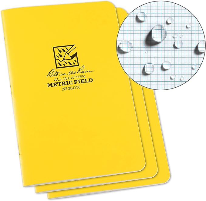 Rite In The Rain Weatherproof Stapled Notebook, 4.625" x 7", Yellow Cover, Metric Field Pattern, 3 Pack (No. 361FX)