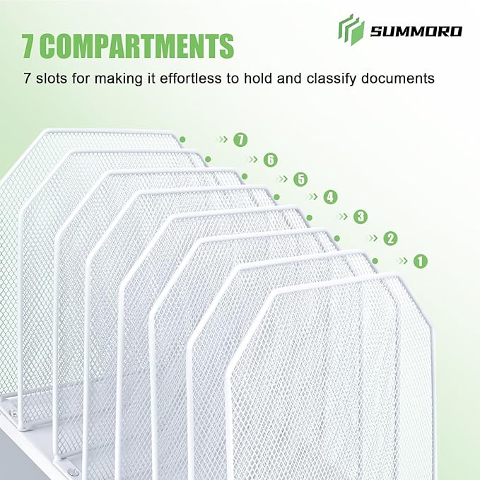 Inclined File Organizer for Desk, 7-Tier Vertical File Folder Holder Office Desk Organizer Metal Rack File Wire Mesh Desktop Document Sorter for Office School Classroom Home (White)