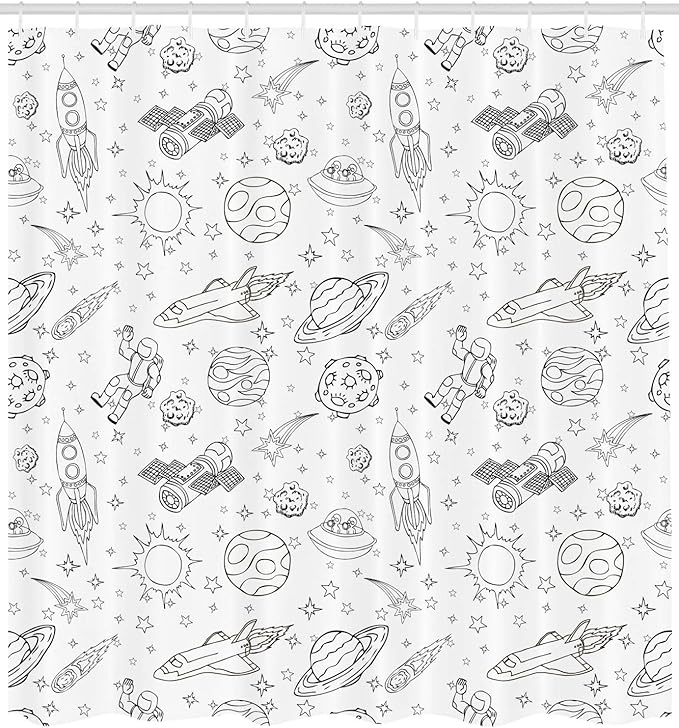 Ambesonne Cartoon Shower Curtain, Doodle Solar System Astronauts Space Crafts Shooting Stars Science Fiction Theme, Cloth Fabric Bathroom Decor Set with Hooks, 69" W x 70" L, White Ink
