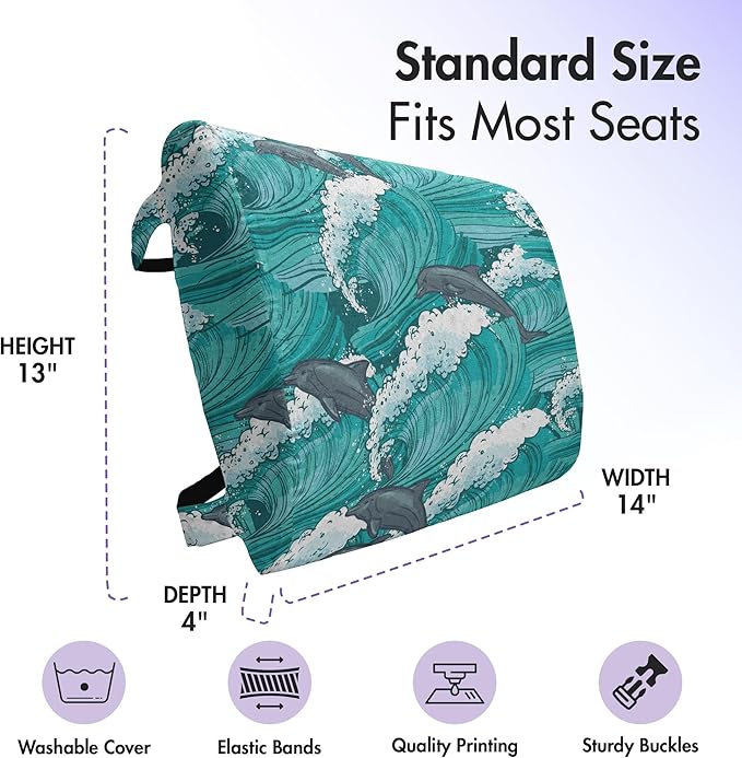 Ambesonne Sea Animals Lumbar Back Support Pillow, Wavy Ocean with Dolphins Windy Surfing Doodle Style Art Print, High Density Foam for Office Chairs Car Seats, 14" x 13", Charcoal