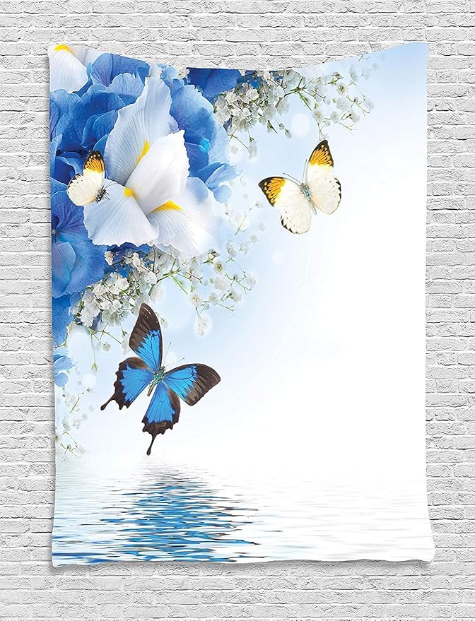 Ambesonne Floral Tapestry, Nature Theme Wild Flowers Monarch Flying Butterflies Lily on Lake Therapy Spa, Wall Hanging for Bedroom Living Room Dorm Decor, 60" X 80", Purple Blue
