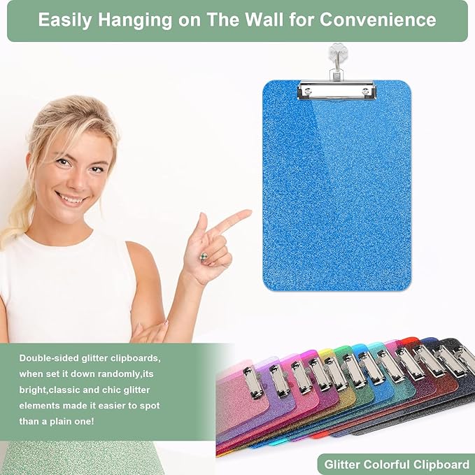 SFLHHDM Clear Glitter Clipboards, Plastic Clipboard with Pen Holder, Clip Boards 8.5x11 with Low Profile Clip, Cute Hanging Clip Board for Office School Supplies Sparkly Clipboard (Royal Blue)