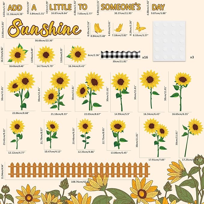 Sunflower Bulletin Board Decoration Fall Cutout Set with Butterflies Fences Bulletin Cardboard Thanksgiving Motivational Sayings Cutouts for Classroom Window Wall Door Home Office Nursery School Decor