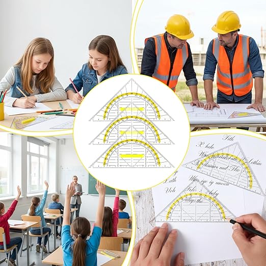 Multifunctional Triangle Ruler with Handle, 4 PCS Transparent Set Square with Protractor Plastic Triangle Ruler Set Drafting Triangles for Designers Architectors Engineers Geometry Drawing Tools