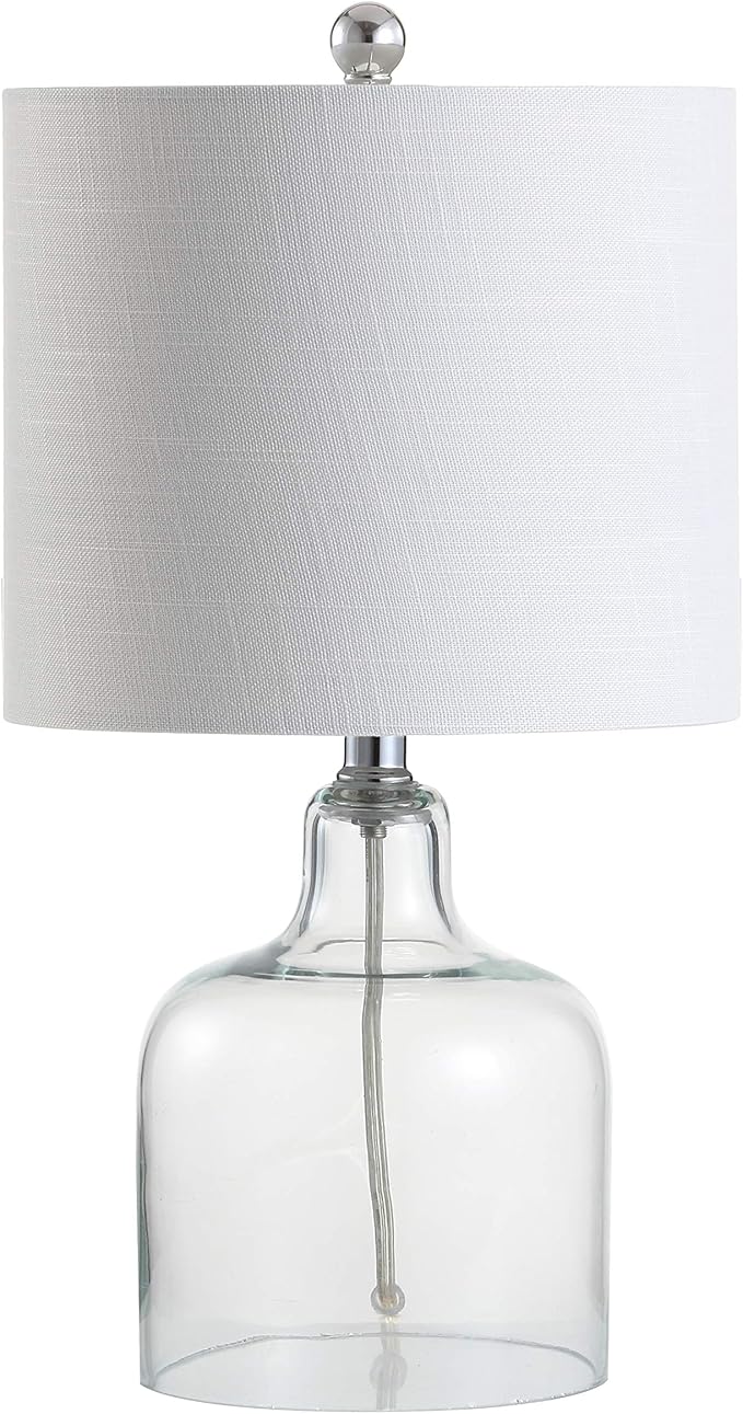 JONATHAN Y 19" Clear Glass Bell Table Lamp for Living Room Bedroom, White Linen Drum Shade, Modern Coastal Bedside Nightstand Lamp with LED Bulb, UL Listed (JYL1036C)