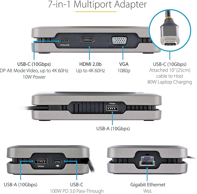 StarTech.com USB-C Docking Station for Windows and ChromeOS, Dual Monitor 4K 60Hz USB-C/HDMI or 1080p VGA, HDR10, USB 10Gbps Hub, 100W Laptop Charging, GbE - TAA